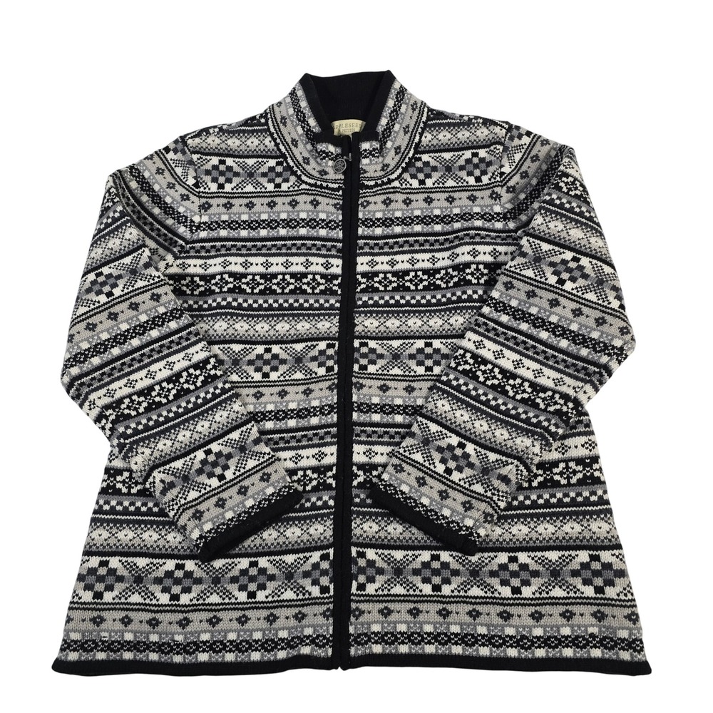 Appleseeds Petites Womens Fair Isle Zip Up Sweater Jacket Black White Gray PM